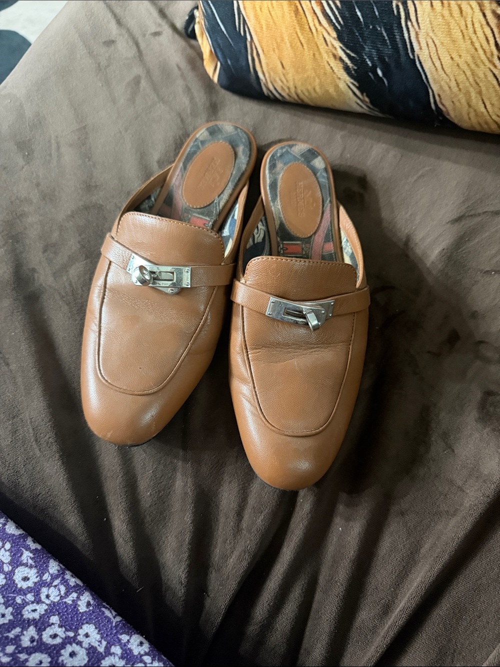 Hermes Tan Leather Mule Loafers with Silver Hardware